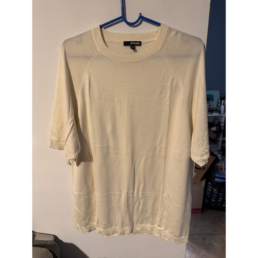 Murano Mens Short Sleeve Sweater Cream Off White Crew Neck Raglan Knit Top L